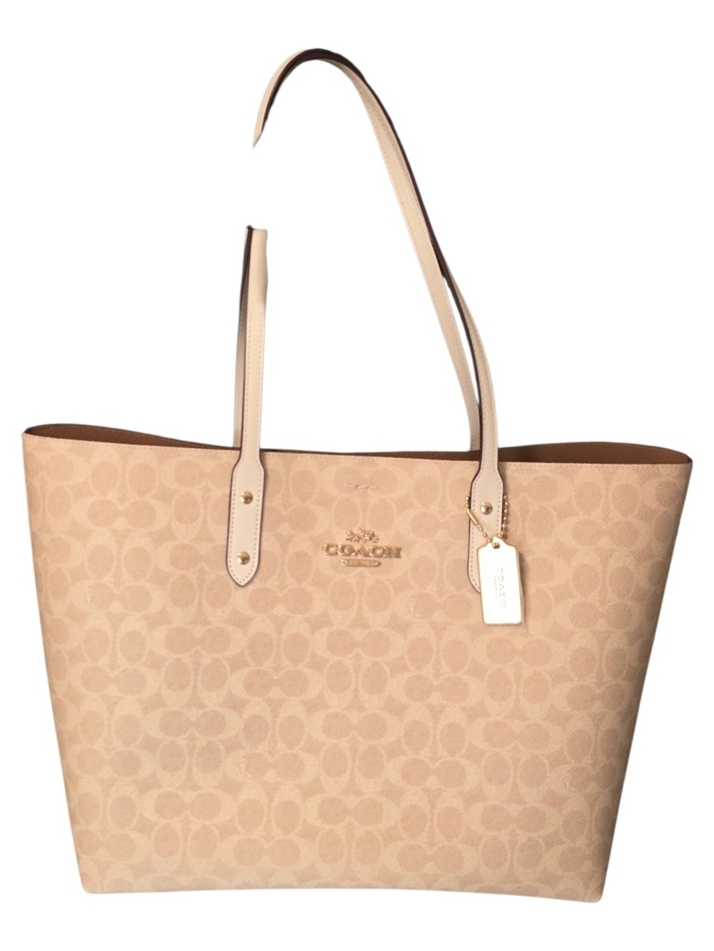 Coach Beige Signature Monogram Tote with Pale Pink-Tan Straps
